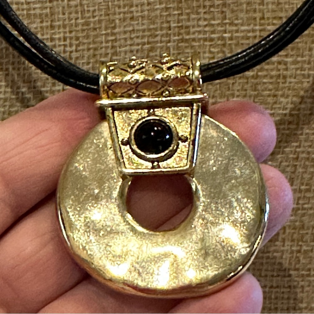Chico’s Necklace black leather chain w/ round gold pendant w/ black bead center - Picture 7 of 11